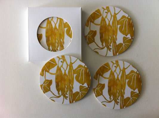 Glasunderlägg/Coasters, ”Gul Gurka”, 4-pack, svensktillverkad